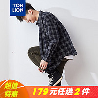 TONLION 唐狮 新款格子衬衫男长袖港风日系复古格纹衬衣黑白格子衫  衣多穿 碳黑/加绒绒 L