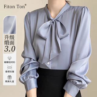 PLUS会员：Fiton Ton FitonTon长袖衬衫女春秋款蝴蝶结系带设计感职业气质衬衣缎面上衣蓝色 M