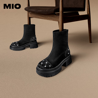 MIO米奥冬季弹力靴圆头高跟个性钉饰显高厚底时尚袜靴女靴