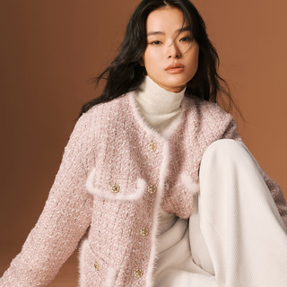 伊芙丽（eifini）伊芙丽国风新中式重工粗花呢羽绒服女2023冬装外套女 夹花粉 160/84A/M