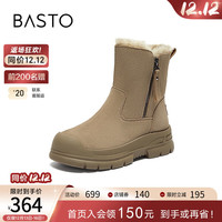 百思图商场同款简约休闲雪地靴厚底女中靴LD201DZ3 黑灰色 35