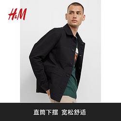 H&M 男装外套夹克复古棉质翻领长袖上衣1013151 黑色 175/108A