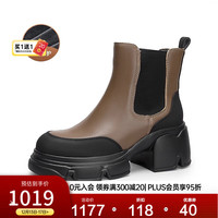 C.BANNER千百度增高切尔西靴烟筒靴真皮短靴女鞋保暖加绒 卡其色/黑色(绒里) 35