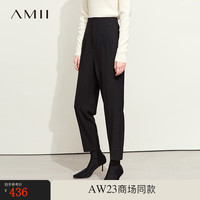 AMII2023冬高级通勤风高腰无腰头锥形裤休闲长裤女黑色裤子 黑色 160/68A/M