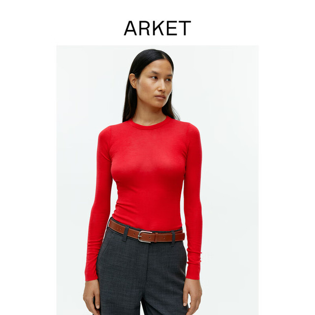 ARKET 女装 长袖美利奴羊毛针织衫亮红色2023秋季新款0630664036 亮红色 165/88A