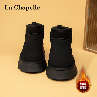 La Chapelle拉夏贝尔女鞋加绒厚底雪地靴女加厚保暖面包鞋东北大棉鞋 黑色 加绒 40