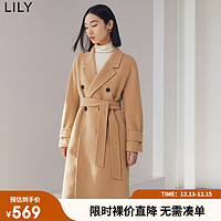 LILY 2022冬女装舒适保暖全绵羊毛高级感纯色宽松毛呢大衣外套 710咖啡 S