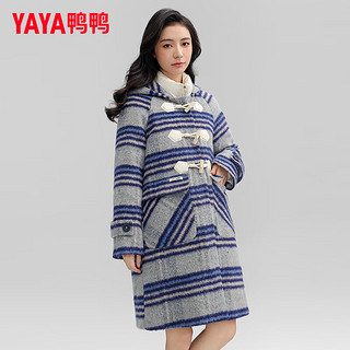 鸭鸭（YAYA）羽绒服女中长款冬季格纹牛角扣连帽保暖毛呢外套XB 蓝色 170/92A(XL)