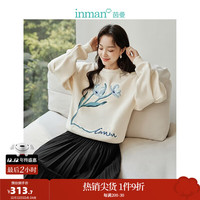 INMAN 茵曼 复古摇粒绒卫衣女装原创花卉贴布绣长袖宽松上衣 浅杏色 XL