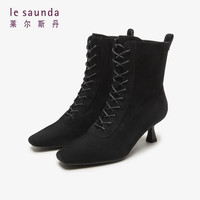 莱尔斯丹 le saunda冬商场同款时尚优雅系带拉链方头短靴女靴4T62302 黑色 BKS 34