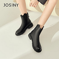 JOSINY 卓诗尼 女靴经典西部牛仔时装靴显高粗跟短筒靴圆头方根皮靴女士靴子 黑色 37