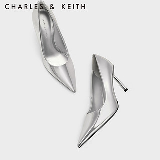 CHARLES&KEITH23冬季时尚漆皮尖头细高跟单鞋女CK1-60280416 Silver银色 40