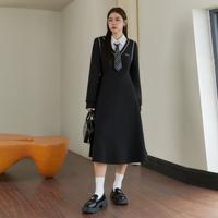 LY 蓝语 氛围感学院风假两件连衣裙大码女装2023冬显瘦减龄中长裙