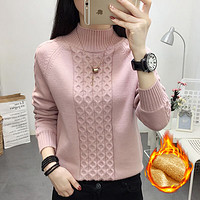 红蜻蜓 RED DRAGONFLY针织衫女秋冬季半高领长袖加厚毛衣女打底女装加绒外套上衣衫 粉色加绒 均码【适合90-145斤】
