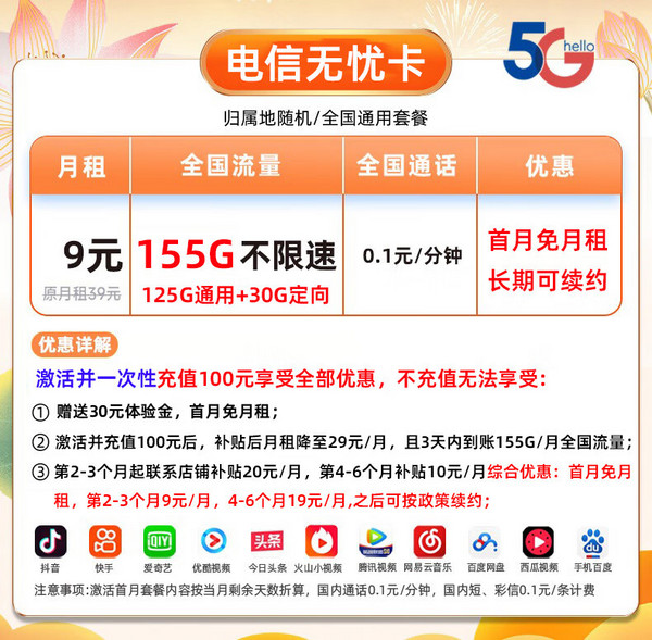 CHINA TELECOM 中国电信 无忧卡 9元月租（155G全国流量+首月0元）激活送20元E卡