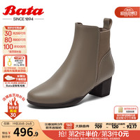 Bata时装靴女商场粗跟百搭牛皮软底短筒靴VVJ02DD3 卡其 35