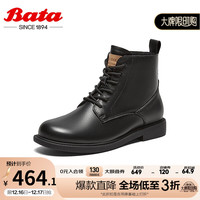 Bata马丁靴女商场英伦风牛皮软底百搭短筒靴86817DD3 黑色-绒里 36