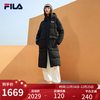 FILA 斐乐 官方女子长款羽绒服冬季时尚运动长袖女装外套简约连帽保暖上衣 正黑色-BK 165/84A/M