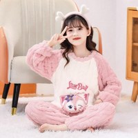 莫诗尼女童珊瑚绒睡衣儿童睡衣法兰绒加绒加厚法兰绒家居服 粉色 琳娜贝尔 120cm
