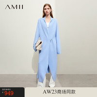 AMII慵懒风翻领谷波针法吊链装饰长款毛织开衫女上衣 浅蓝 155/80A/S