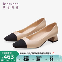 莱尔斯丹 le saunda春夏拼色小香风通勤中跟粗跟女单鞋4M41002 米色BEK