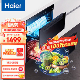 海尔（Haier）消毒柜嵌入式 家用消毒碗柜 大容量双二星上下独立控制 紫外线+光波巴氏升级消毒0臭氧 婴儿奶瓶 【B03】100L医疗消毒款