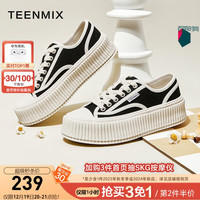 天美意小白鞋子女鞋增高女厚底松糕饼干鞋休闲帆布鞋春秋 黑色 37