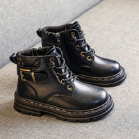 HEACOOA 痕酷 男童皮靴子秋冬季新款儿童短靴高帮运动休闲女童单靴中大童马丁靴 1993 黑色 37