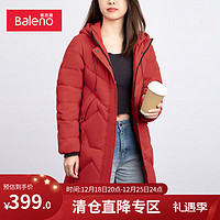 班尼路（Baleno）秋冬羽绒服女不规则间线长款加厚保暖连帽外套 45R L