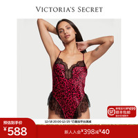维多利亚的秘密 维密 性感缎布蕾丝高开腿女士连体裤舒适连体衣 63LI酒红豹纹 11229930 L