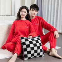 珊瑚绒睡衣女冬季加绒加厚大红色本命年家居服套装