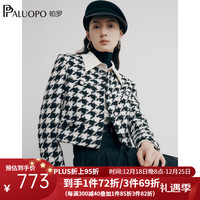 帕罗（PALUOPO）秋冬羊毛短外套女士 小香风千鸟格外衣 圆领箱型外套 23269 黑白 S