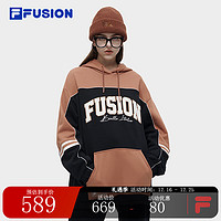 FILA FUSION欧阳娜娜同款女子针织连帽上衣2023冬宽松撞色卫衣 正黑色-BK 160/80A/S