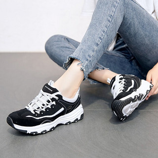 斯凯奇（SKECHERS）女鞋23官网秋季纯黑熊猫鞋减震休闲鞋厚底老爹鞋透气运动鞋 黑白色-BKW 36.5