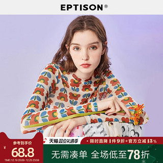 EPTISON 衣品天成 t恤女2021新款夏季修身泫雅纱衣印花网纱内搭长袖打底衫