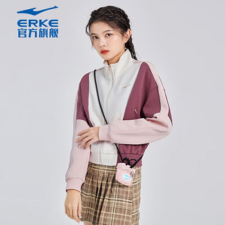 鸿星尔克（ERKE） 卫衣女宽松舒适简约校园运动服撞色拼接复古运动风开衫上衣 烟粉橘 3XL