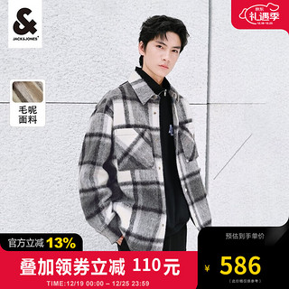 杰克·琼斯（JACK&JONES）秋季潮流男士宽松撞色格纹时尚字母刺绣图案毛呢翻领高阶外套男装 黑色-E41 175/96A/M