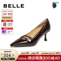 百丽时尚休闲高跟鞋女24春季真皮商场同款百搭单鞋BKR03AQ4 酒红色 35