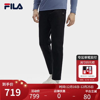 FILA 斐乐男士针织长裤2024春季时尚基础加绒直口休闲裤 正黑色-BK 180/88A/XL