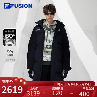 FILA FUSION斐乐潮牌长款羽绒服男时尚休闲连帽外套上衣 正黑色-BK 170/92A/M