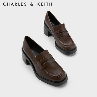 CHARLES&KEITH23冬季复古简约粗跟高跟乐福鞋女CK1-60920357 Dark Brown深棕色 37