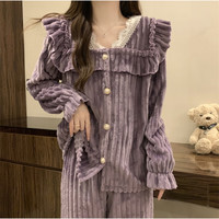 HANMIAN 韩米安 冬加绒加厚法兰绒睡衣女可外穿舒适家居服睡衣女长袖长裤女 J020紫色 M 70-85