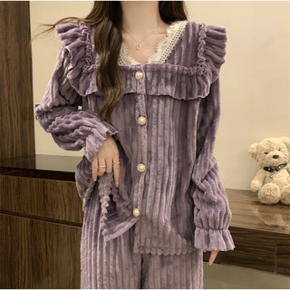 HANMIAN 韩米安 冬加绒加厚法兰绒睡衣女可外穿舒适家居服睡衣女长袖长裤女 J020紫色 M 70-85