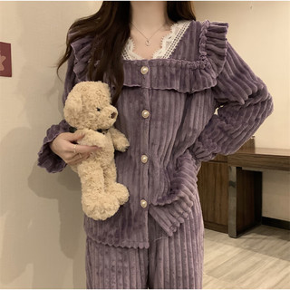 HANMIAN 韩米安 冬加绒加厚法兰绒睡衣女可外穿舒适家居服睡衣女长袖长裤女 J020紫色 M 70-85