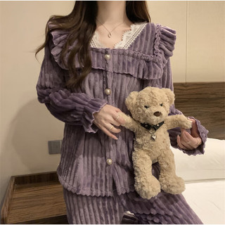HANMIAN 韩米安 冬加绒加厚法兰绒睡衣女可外穿舒适家居服睡衣女长袖长裤女 J020紫色 M 70-85