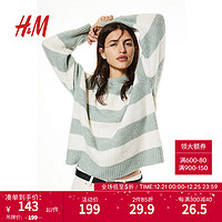 H&M女装学院风针织衫条纹圆领休闲穿搭套衫1082853 灰绿色/条纹 160/88A