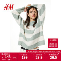 H&M女装针织衫学院风针织衫舒适时尚条纹圆领穿搭长袖套衫1082853 灰绿色/条纹 175/116
