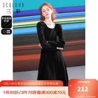 3COLOUR 三彩 独醒贝壳绣圆领针织连衣裙收腰A字中长裙女 黑色 160/80Y/M