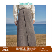 茵曼（INMAN）复古千鸟格半身裙冬女装毛边开衩毛呢格子长裙 春泥棕 S