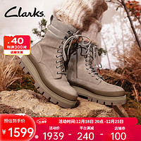 Clarks其乐奥莉系列女鞋冬季马丁靴工装高帮鞋复古英伦牛皮 淡灰色 261740634 39.5